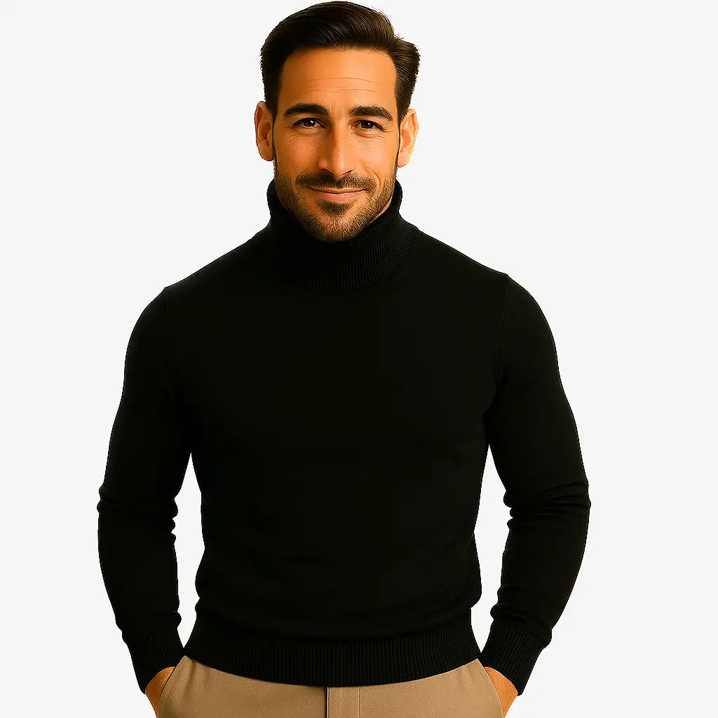 Homem vestindo suéter masculino preto com gola alta canelada, ideal para o inverno e looks sofisticados