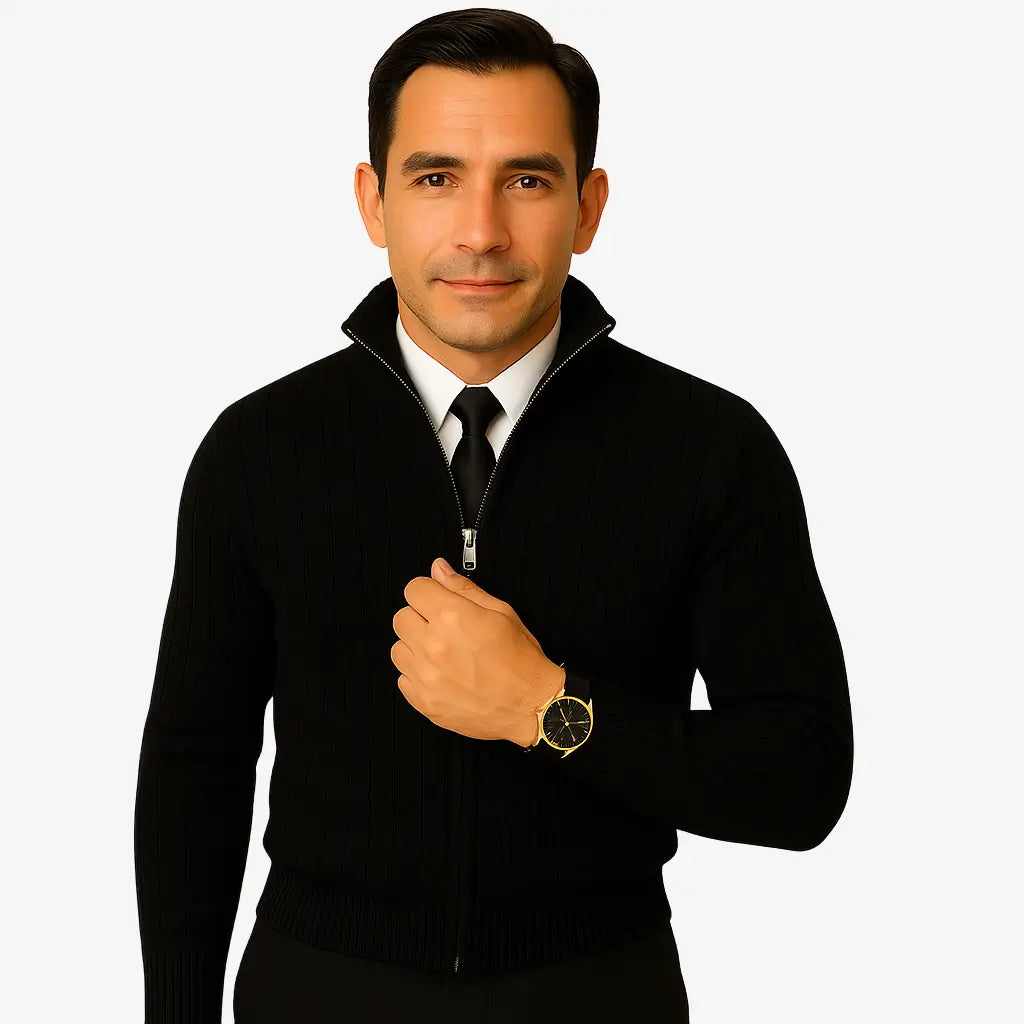 Homem elegante vestindo suéter preto escuro de lã com zíper e textura canelada, camisa branca e gravata preta. Estilo refinado para o inverno.