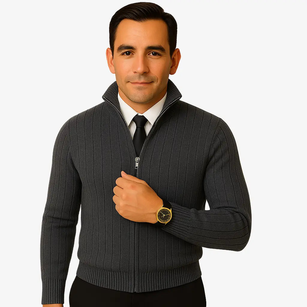 Homem elegante vestindo suéter cinza escuro de lã com zíper e textura canelada, camisa branca e gravata preta. Estilo refinado para o inverno.