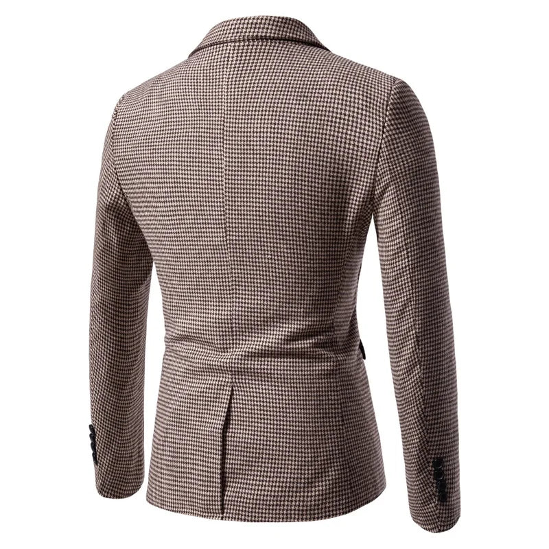 Blazer masculino slim fit pied-de-poule marrom com design elegante e modelagem social sofisticada