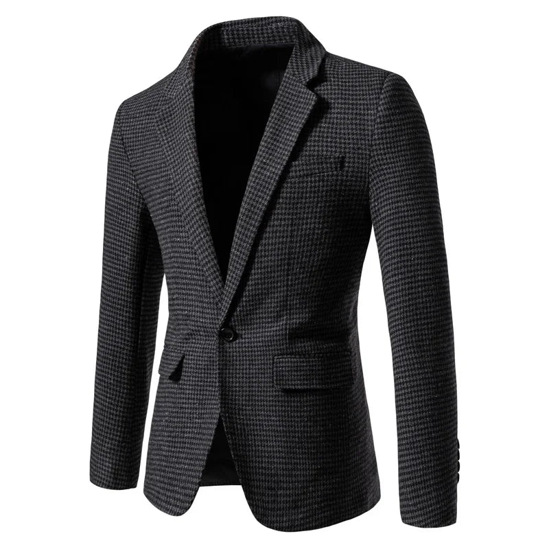 Blazer masculino slim fit pied-de-poule marrom com design elegante e modelagem social sofisticada