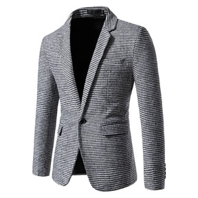Blazer masculino slim fit pied-de-poule marrom com design elegante e modelagem social sofisticada