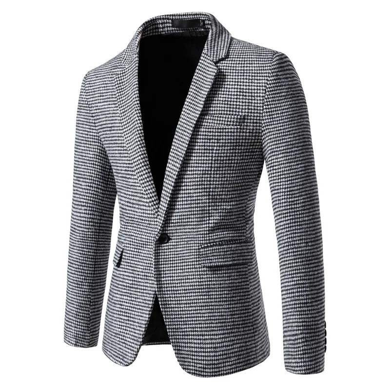 Blazer masculino slim fit pied-de-poule marrom com design elegante e modelagem social sofisticada