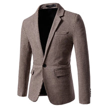 Blazer masculino slim fit pied-de-poule marrom com design elegante e modelagem social sofisticada