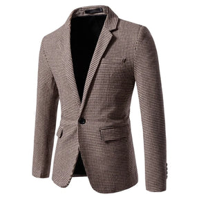 Blazer masculino slim fit pied-de-poule marrom com design elegante e modelagem social sofisticada