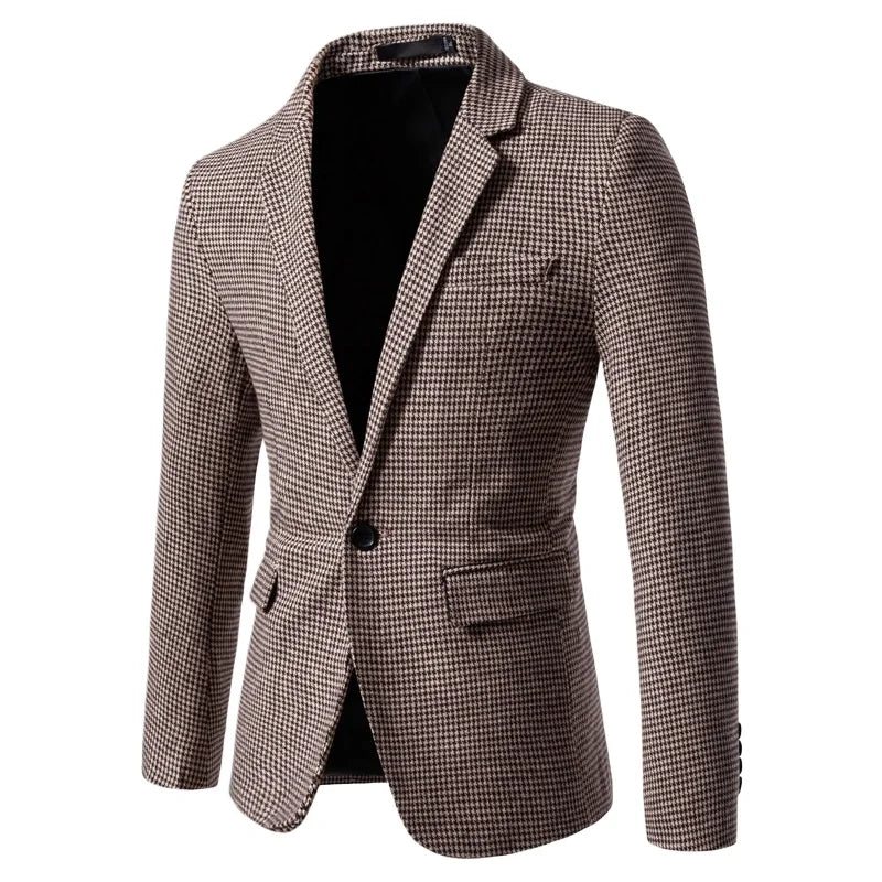 Blazer masculino slim fit pied-de-poule marrom com design elegante e modelagem social sofisticada
