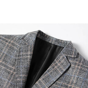 Blazer masculino slim fit xadrez cinza com modelagem elegante e fechamento por botões para visual social sofisticado
