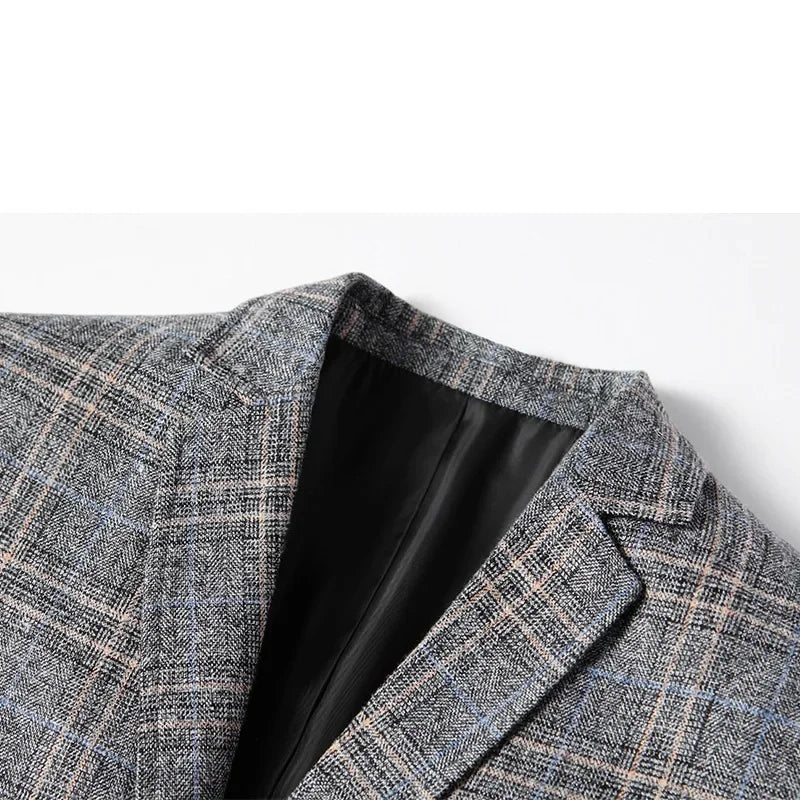 Blazer masculino slim fit xadrez cinza com modelagem elegante e fechamento por botões para visual social sofisticado