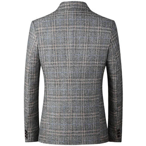 Blazer masculino slim fit xadrez cinza com modelagem elegante e fechamento por botões para visual social sofisticado