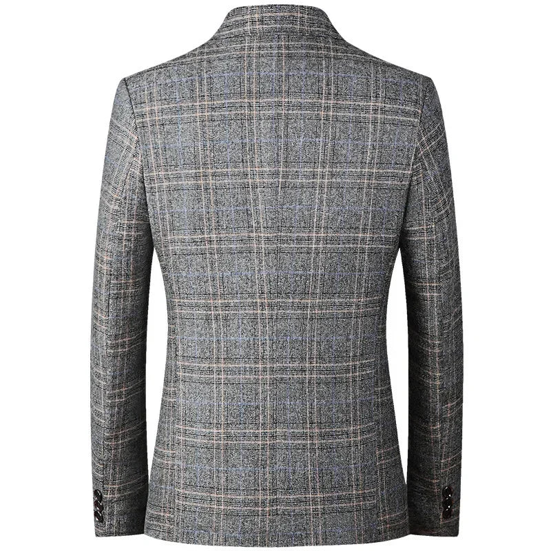Blazer masculino slim fit xadrez cinza com modelagem elegante e fechamento por botões para visual social sofisticado