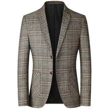 Blazer masculino slim fit xadrez cinza com modelagem elegante e fechamento por botões para visual social sofisticado