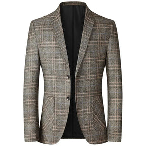 Blazer masculino slim fit xadrez cinza com modelagem elegante e fechamento por botões para visual social sofisticado