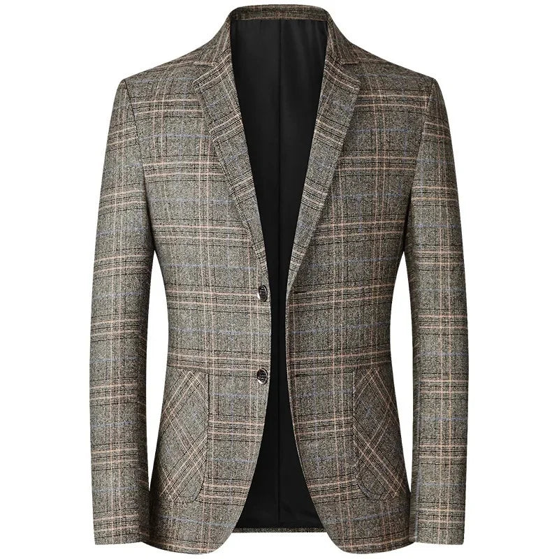 Blazer masculino slim fit xadrez cinza com modelagem elegante e fechamento por botões para visual social sofisticado