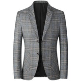 Blazer masculino slim fit xadrez cinza com modelagem elegante e fechamento por botões para visual social sofisticado