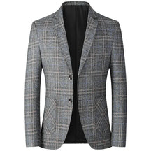 Blazer masculino slim fit xadrez cinza com modelagem elegante e fechamento por botões para visual social sofisticado