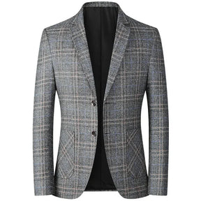 Blazer masculino slim fit xadrez cinza com modelagem elegante e fechamento por botões para visual social sofisticado