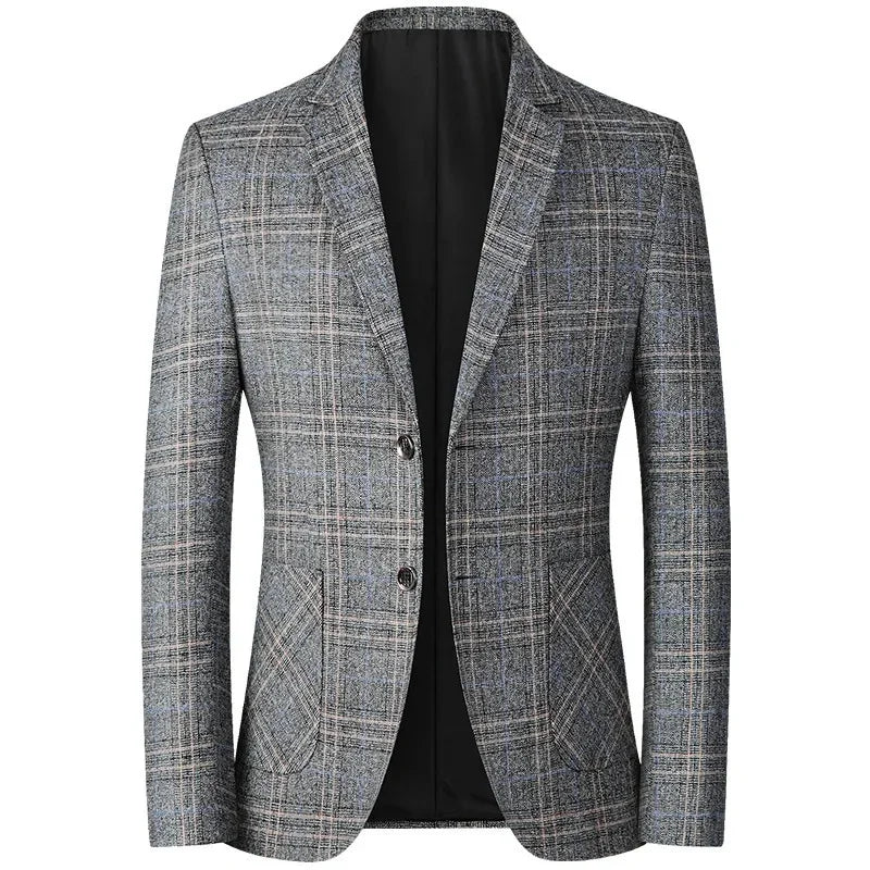 Blazer masculino slim fit xadrez cinza com modelagem elegante e fechamento por botões para visual social sofisticado