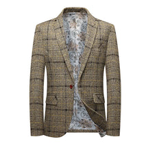 Blazer masculino slim fit xadrez escuro com botão único e design elegante para visual social moderno