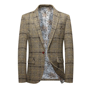 Blazer masculino slim fit xadrez escuro com botão único e design elegante para visual social moderno