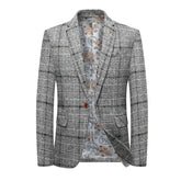 Blazer masculino slim fit xadrez escuro com botão único e design elegante para visual social moderno