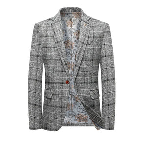 Blazer masculino slim fit xadrez escuro com botão único e design elegante para visual social moderno