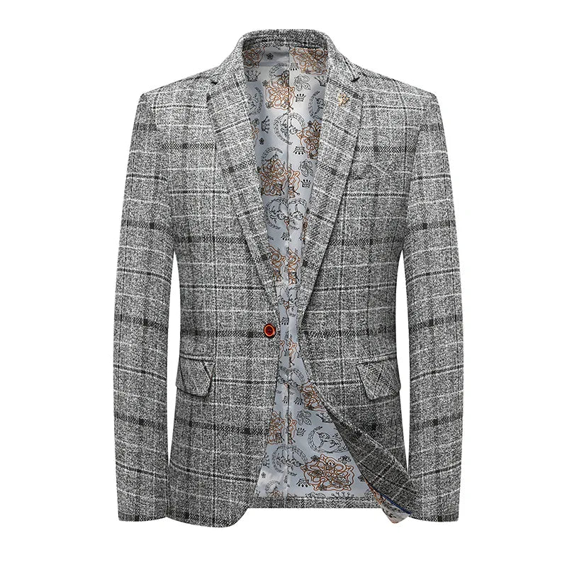 Blazer masculino slim fit xadrez escuro com botão único e design elegante para visual social moderno