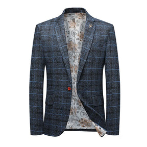 Blazer masculino slim fit xadrez escuro com botão único e design elegante para visual social moderno