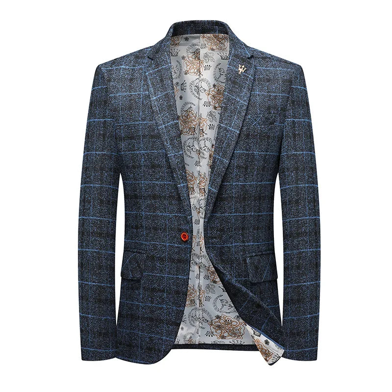 Blazer masculino slim fit xadrez escuro com botão único e design elegante para visual social moderno