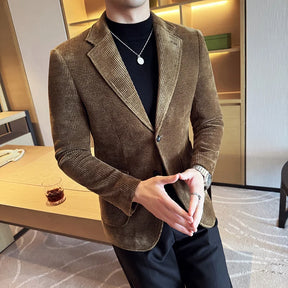 Blazer masculino social cotelê slim fit marrom com textura sofisticada e visual elegante para ocasiões formais