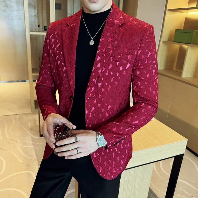 Blazer masculino social slim fit com textura geométrica sofisticada para eventos formais e festas elegantes