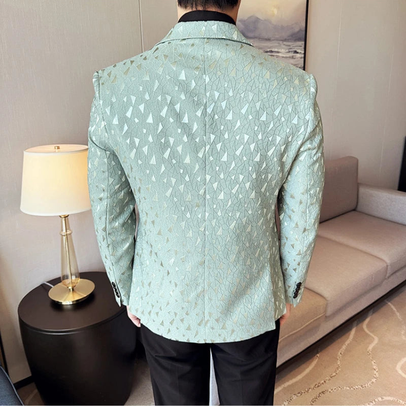 Blazer masculino social slim fit com textura geométrica sofisticada para eventos formais e festas elegantes