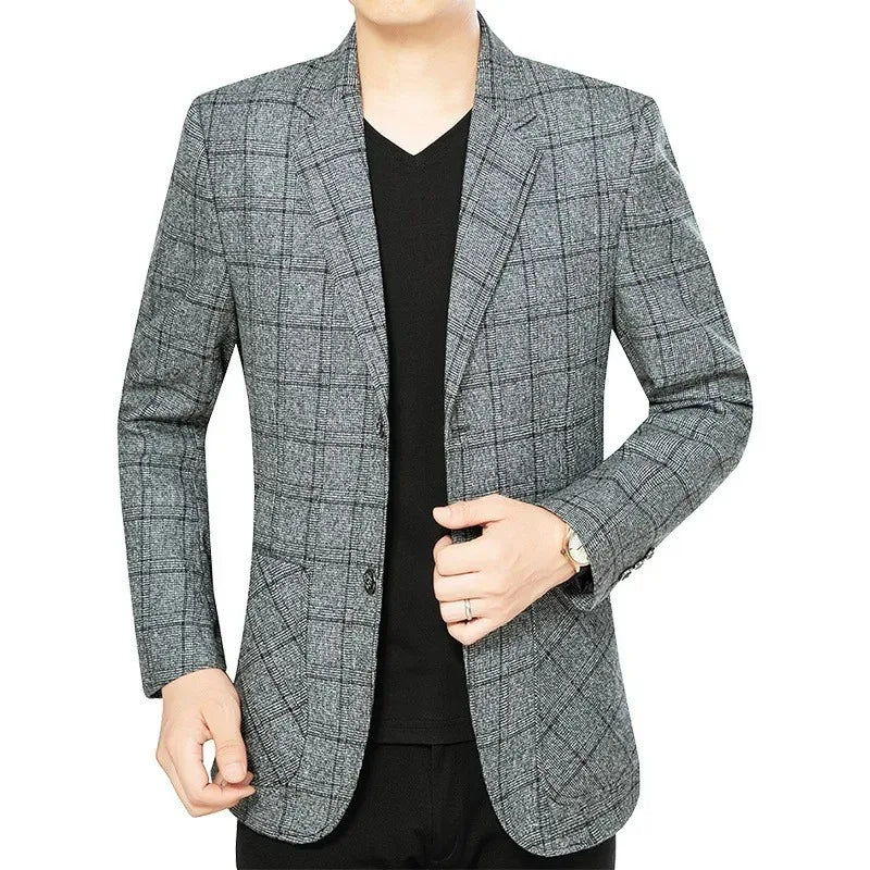 Blazer masculino social slim fit xadrez cinza com lapela clássica e design elegante para eventos e ocasiões formais