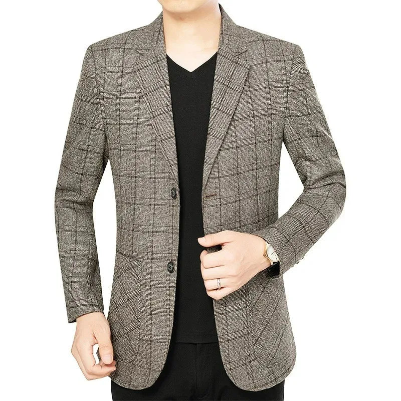 Blazer masculino social slim fit xadrez cinza com lapela clássica e design elegante para eventos e ocasiões formais