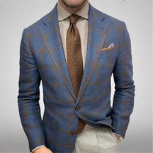 Blazer masculino social slim fit xadrez azul com lapela clássica e visual elegante para ocasiões formais