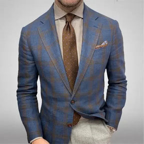 Blazer masculino social slim fit xadrez azul com lapela clássica e visual elegante para ocasiões formais