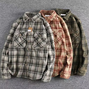 Camisa flanela masculina xadrez premium cinza com bolsos frontais e visual casual vintage