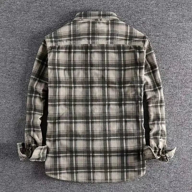 Camisa flanela masculina xadrez premium cinza com bolsos frontais e visual casual vintage