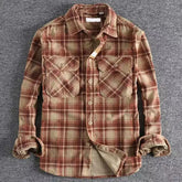 Camisa flanela masculina xadrez premium cinza com bolsos frontais e visual casual vintage