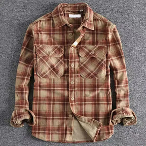 Camisa flanela masculina xadrez premium cinza com bolsos frontais e visual casual vintage