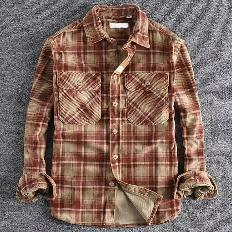 Camisa flanela masculina xadrez premium cinza com bolsos frontais e visual casual vintage