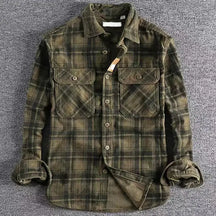 Camisa flanela masculina xadrez premium cinza com bolsos frontais e visual casual vintage