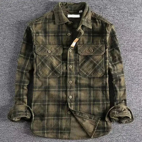 Camisa flanela masculina xadrez premium cinza com bolsos frontais e visual casual vintage