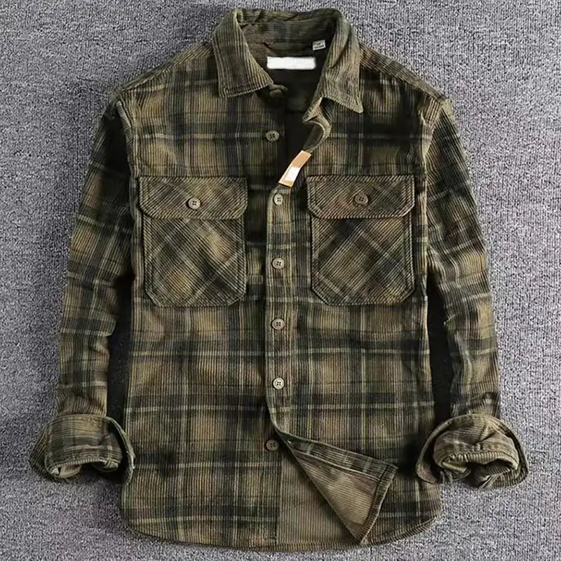 Camisa flanela masculina xadrez premium cinza com bolsos frontais e visual casual vintage