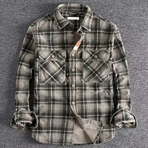 Camisa flanela masculina xadrez premium cinza com bolsos frontais e visual casual vintage