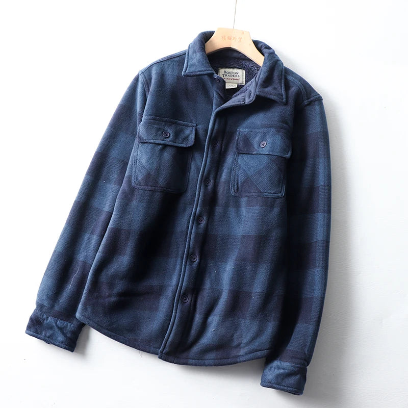 Camisa jaqueta masculina xadrez azul premium forrada com fleece sherpa térmico para inverno