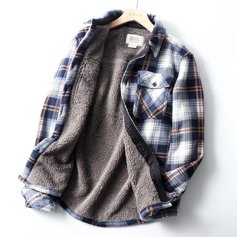 Camisa jaqueta masculina xadrez azul premium forrada com fleece sherpa térmico para inverno