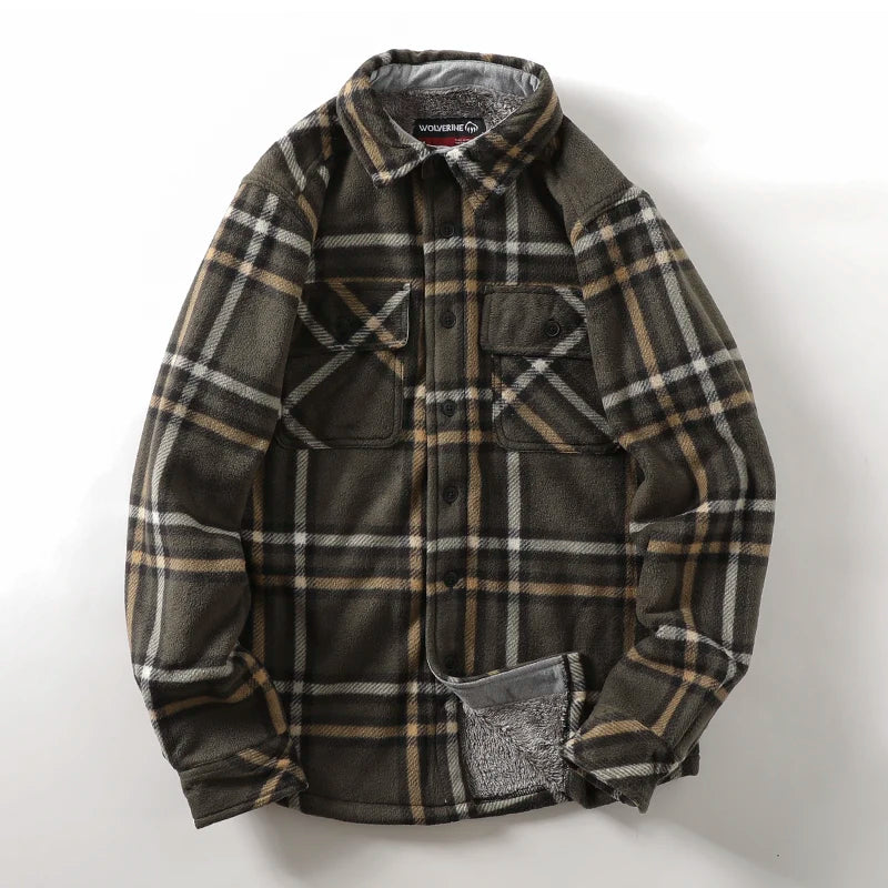 Camisa jaqueta masculina xadrez premium marrom forrada com fleece térmico para inverno
