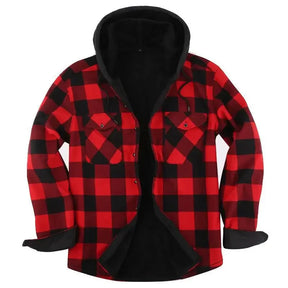 Camisa jaqueta masculina xadrez verde e preta forrada com capuz e interior térmico para inverno