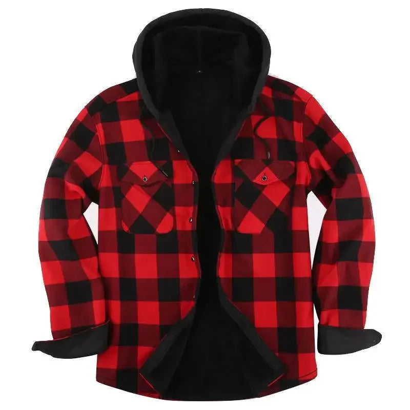 Camisa jaqueta masculina xadrez verde e preta forrada com capuz e interior térmico para inverno