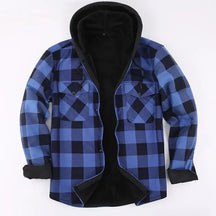 Camisa jaqueta masculina xadrez verde e preta forrada com capuz e interior térmico para inverno